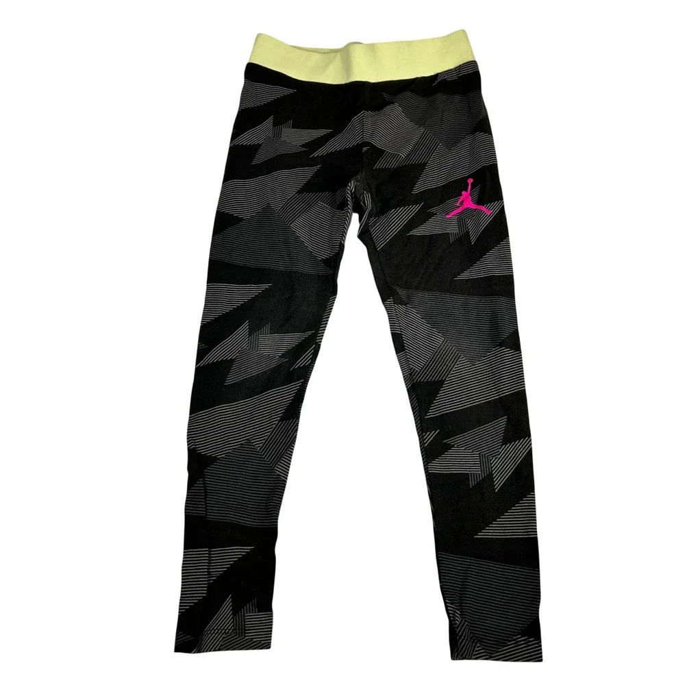 Jordan Girls Black Geometric Graphic Leggings Neon Yellow Waistband Size M 10-12